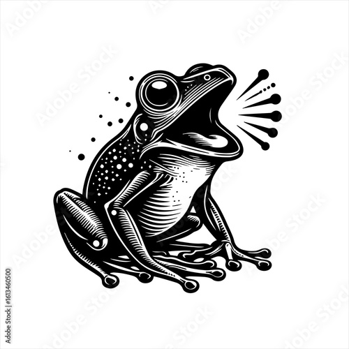Black and white illustration of a frog croaking loudly