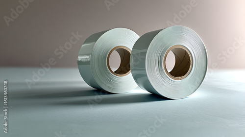 Two light-colored, reflective rolls of industrial film or foil standing on a neutral surface, illuminated by soft, diffused light.