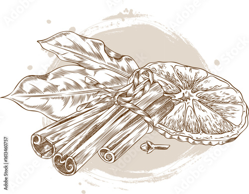 Cinnamon sticks, bay leaves, cloves, orange piece, monochrome hand sketch.