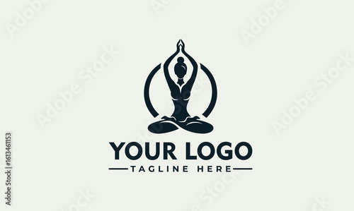 Silhouette of a woman in a lotus yoga pose with hands raised, centered within a circle.