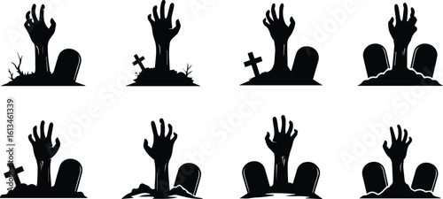 a collection of eight zombie hands emerging from graves with tombstones, set against a dark background