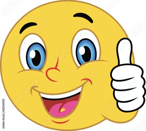 Smiley face emoji showing thumbs up, happy cartoon expression, cheerful emoticon vector, approval sign icon, positive feedback reaction image