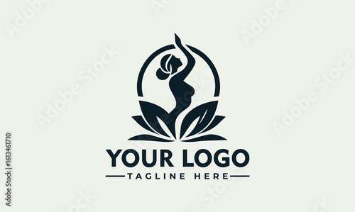 Elegant logo design featuring a silhouette of a woman in a yoga pose, surrounded by stylized leaves and a circle, for a wellness or spa business.