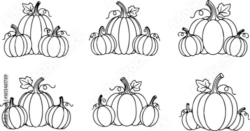 a set of six pumpkin illustrations in different sizes and arrangements