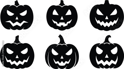 a set of six carved halloween pumpkins with menacing faces, presented as black silhouettes