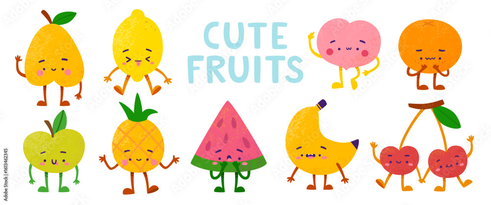 Fototapeta premium Cute fruit character set. Cartoon vector fruits and berries collection.