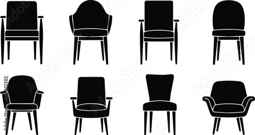 a collection of eight different chair silhouettes, showcasing various styles and designs