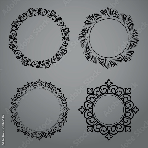 Set of decorative frames Elegant vector element for design in Eastern style, place for text. Floral black and gray borders. Lace illustration for invitations and greeting cards