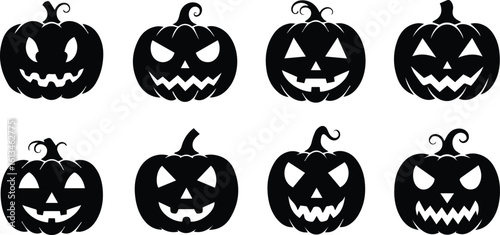 a collection of eight black silhouette halloween jack o lanterns with carved scary faces, presented in two rows