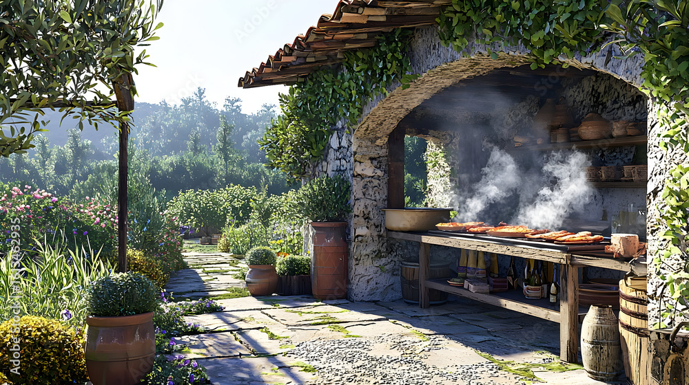 Obraz premium Rustic outdoor kitchen in a sun-drenched garden, with stone walls, herbs, and cooking. Smoke rises from a wood-fired grill