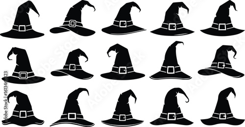 a collection of various witch hats in silhouette, perfect for halloween decorations and magical themes