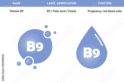 B9 Vitamin icon. B9 Vitamin sign, symbol, badge or label. B9 in a water drop shape, pill, capsule or bubble. Vector