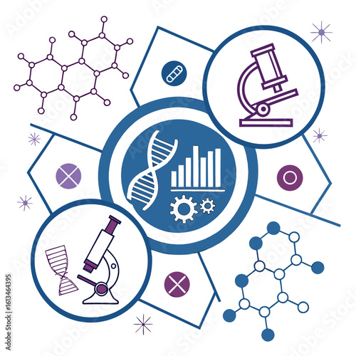 Science research and development concept with dna molecule microscope and data analysis and chemistry 100