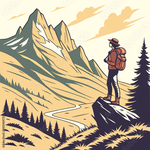 Illustration of hiker admiring mountain landscape scenic view with backpack outdoor adventure travel concept
