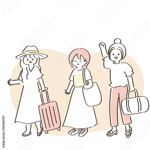 女子旅を楽しむ女性たちのかわいいイラスト
