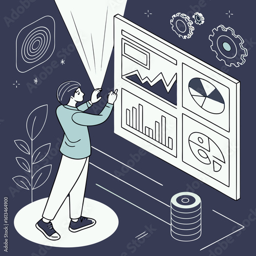 Isometric open laptop computer outline drawing, portable digital device illustration