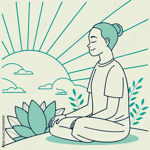 Woman meditating in lotus position at sunrise for mindfulness and wellness illustration vector art
