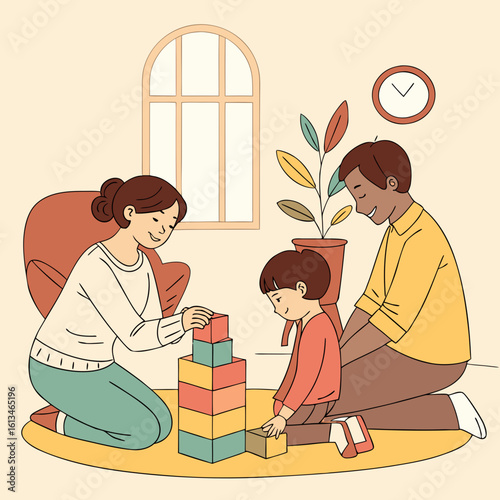 Happy family playing with blocks together at home illustration vector design for family time concept