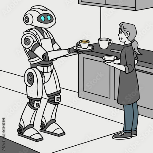 Robot butler serving coffee to woman in kitchen illustration for future technology and ai concept 100
