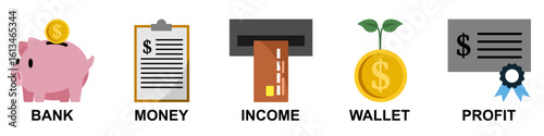 Business icon set vector with piggy bank, money report, ATM income, coin wallet with plant, and certified profit. Great for finance, banking, saving, and income growth design use.