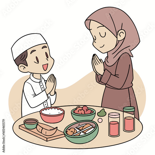 Illustration of muslim family celebrating ramadan iftar meal with traditional food and drink together