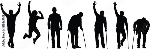 Silhouette of man using cane, walking stages, health recovery, physical rehabilitation concept, posture changes, black vector illustration, aging awareness