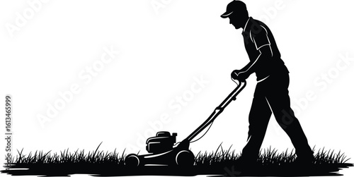 Silhouette of person mowing lawn, push mower illustration, gardening work concept, outdoor yard care, summer maintenance, black vector design, clipart