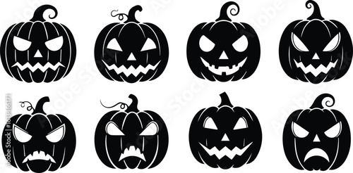 a collection of eight carved halloween pumpkins with scary faces, isolated on a white background