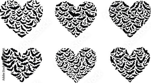 six heart shapes filled with numerous bat silhouettes, creating a spooky halloween design