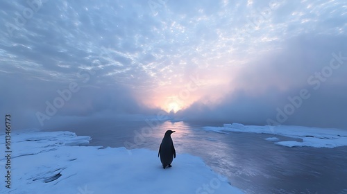 Penguin in frozen landscape under dramatic cold light high resolution picture