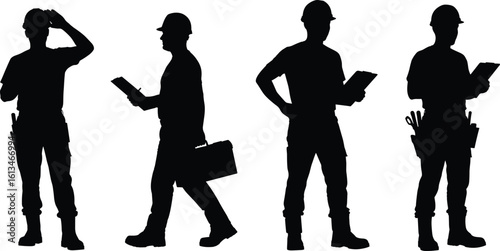 Silhouettes of construction workers with tools, hard hats, clipboard inspection, teamwork, safety gear, engineering vector art, industrial site illustration