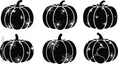 six black silhouette pumpkins adorned with intricate spider webs, presented on a clean white background for halloween