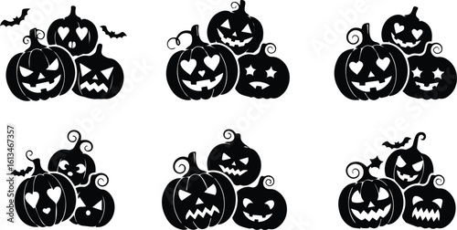 a collection of six groups of carved halloween pumpkins with scary faces, isolated on a white background
