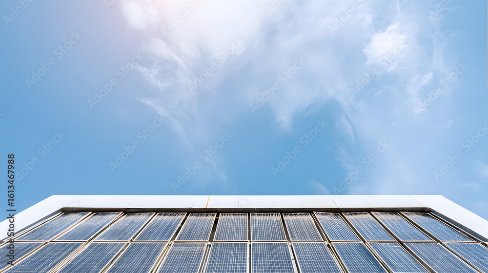Fototapeta premium Rooftop solar panels under a clear blue sky, representing clean energy and sustainable technology.