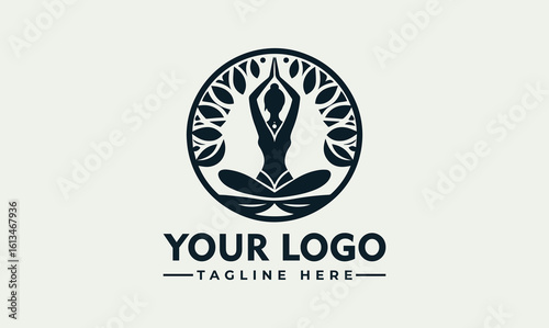 Silhouette of a person in lotus position, surrounded by a tree of life design within a circle.
