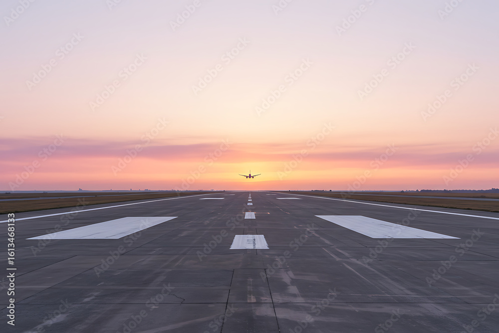 Naklejka premium Airplane approaching runway during colorful sunset with pink and orange sky airport landing