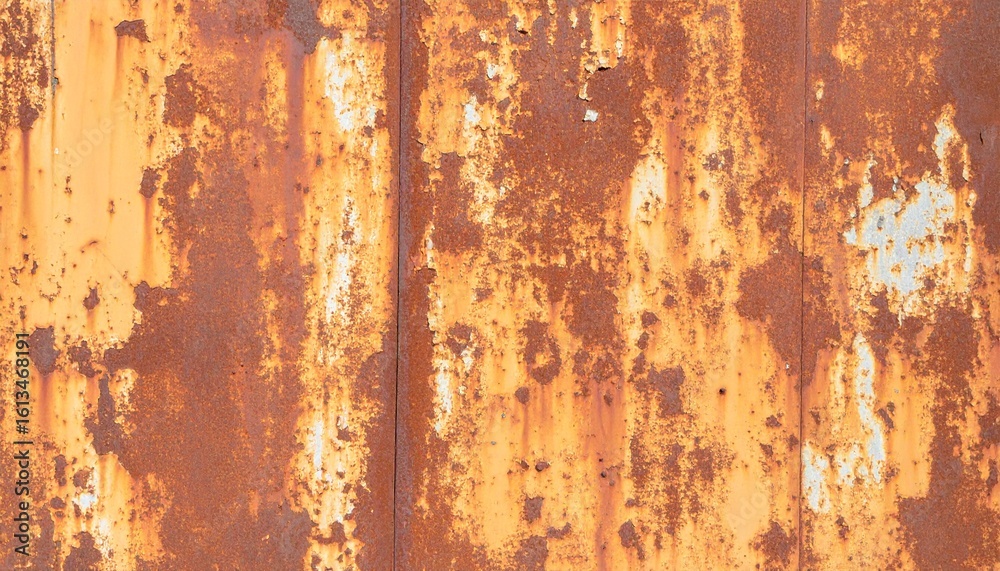 Abstract background of a corroded metal panel with rusty texture and details of peeling orange paint and decay. Abstract background of a corroded metal panel with rusty texture and details of peeling orange paint and decay.