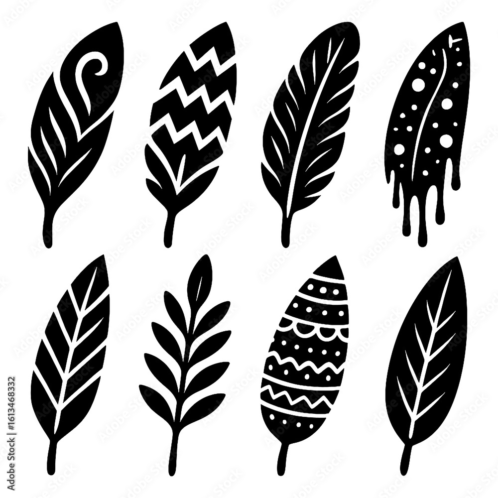 Hand-drawn decorative feathers with tribal and boho patterns, Transparent Background Hand-drawn decorative feathers with tribal and boho patterns, Transparent Background