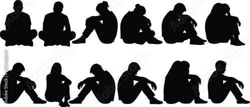 Silhouettes of seated people, introspective poses, mental health concept, loneliness, depression, emotional awareness, black and white vector design, reflection