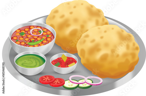 Indian Punjabi Food Chole Bhature With Pickle And Coriander Chutney Vector Illustration (Royalty Free)