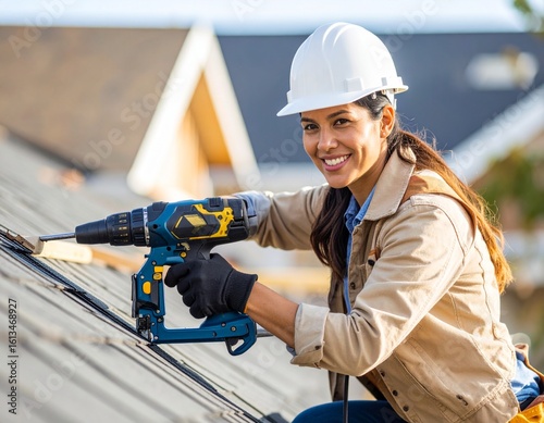 Skilled female construction worker wearing a hard hat, smiling while installing new bitumen shingles on a roof with a pneumatic power tool.
