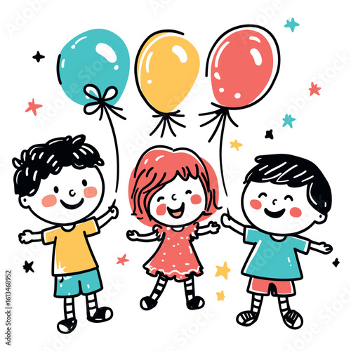 cute happy kids with balloons childish isolated vector illustration