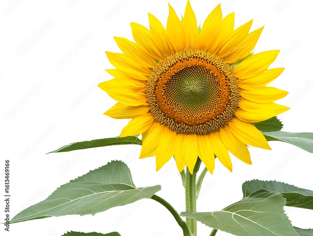 Obraz premium A vibrant yellow sunflower with green leaves is shown here