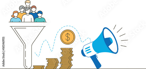 A funnel converting people into money with a megaphone and the words turning leads into success
