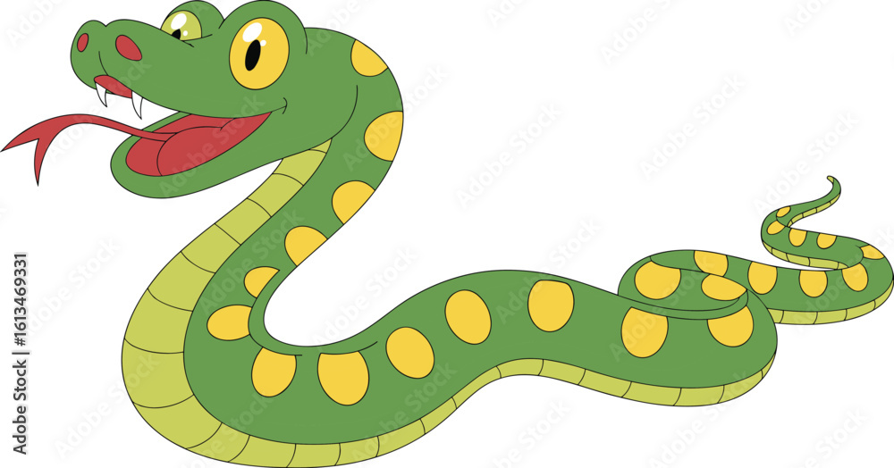 Naklejka premium Cute green cartoon snake, funny animal vector, jungle reptile clipart, smiling serpent illustration, children’s character design, flat artwork