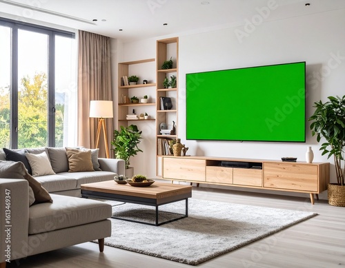 A modern and cozy living room with a large wall-mounted flat-screen TV showing a green screen for mockup purposes.