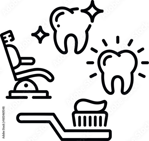Dental care icons featuring a dentist chair, teeth with sparkles, and a toothbrush with toothpaste