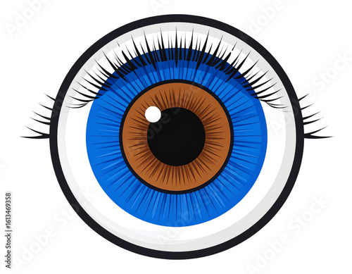  Flat Eye Icon with Bold Iris and Eyelash Lines, Centered Front View, Isolated PNG.And transparent the background.