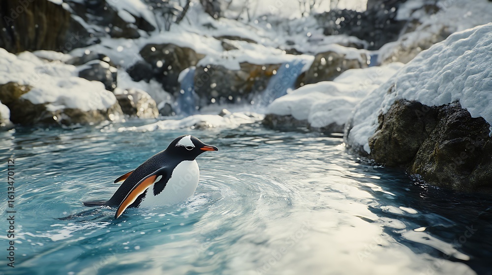 Obraz premium Penguin near snowy cliff swimming in clear stream high resolution picture