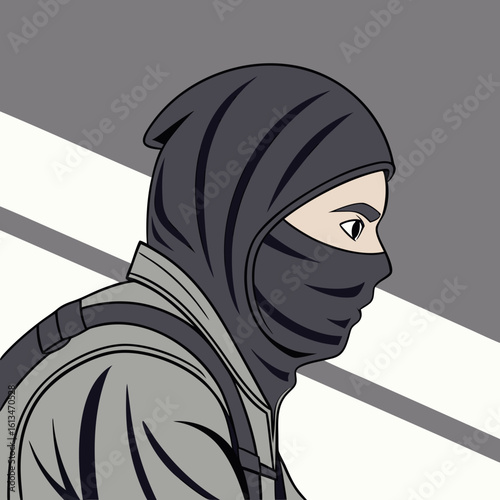 Man in balaclava walking with backpack in urban setting  